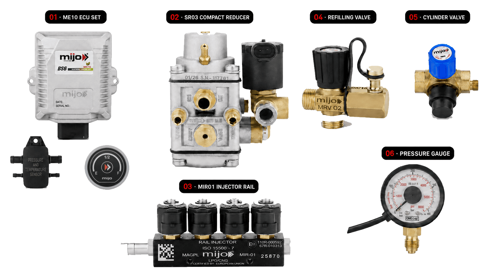 Complete MIJO Sequential CNG kit: ME10 ECU set with sensor and switch, SR03 Compact reducer, MIR-01 injector rail, refilling valve, cylinder valve and pressure gauge